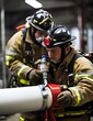 Professional firefighter assists his partner in securely fastening and adjusting the oxygen tank ensuring proper fit and functionality for respiratory Generative AI