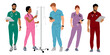© Creative_Juice_Art - Set of standing and walking doctors, nurses, paramedics. Different male, female medic workers in uniform scrubs with tablet, stethoscope, dropper stand. Vector illustration on transparent background.