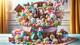 Fototapeta Dmuchawce - Decorative Easter Treat Basket. richly decorated Easter basket brimming with colorful treats and confections, symbolizing festive abundance. basket filled with a variety of Easter goodie