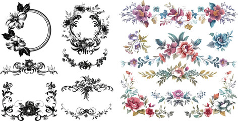 Vintage Set. Floral elements for design monograms, invitations, frames, menus and labels