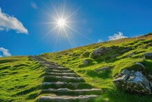 The Sun Shines Brightly Over A Hill Covered In Lush Green Grass, Stone Steps Leading Excited Trekkers Up A Green Hill Towards The Brilliant Sun, AI Generated