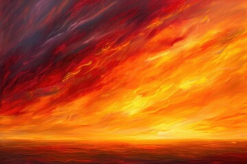 Poster - A painting depicting a vivid orange and red sky at dusk, with brushstrokes capturing the stunning colors and atmosphere, Strokes of fiery orange and crimson depicting a fierce sunset, AI Generated