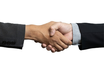 Wall Mural - Close up two man shaking hand on white background. Successful businessmen shake hands and close the deal.