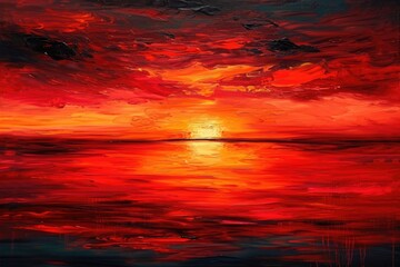 Poster - Painting of a Colorful Sunset Reflected in a Calm Body of Water, Strokes of fiery orange and crimson depicting a fierce sunset, AI Generated