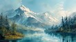 The painting depicts a mountain lake with a mountain in the background. 