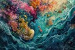 A painting depicting an underwater ocean scene featuring various fish swimming among bubbles, Swirling colors of a deep sea, teeming with marine life, AI Generated