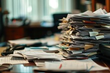 A cluttered wooden desk covered with a disorganized pile of assorted papers, creating a chaotic scene, The chaos and order of an accounting office during the end of the fiscal year, AI Generated