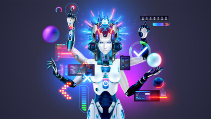 Aufkleber - AI in image of female robot works with computer interface. Bot with artificial intelligence. Robot woman with four arms in image of goddess Kali. AI neural network analyzes data, works on HUD.