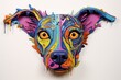 a colorful dog head with yellow eyes