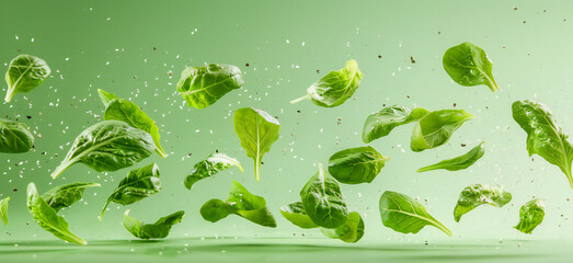 Wall Mural - Salad flying in the air all around isolated on a festive green background. Healthy eating and lifestyle.