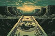 A dollar bill is seen floating in the water with a majestic mountain in the background, The journey of a dollar bill depicted in a classic style, AI Generated