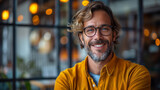 Fototapeta  - Cheerful man wearing glasses and a yellow shirt with a joyful expression in a modern setting