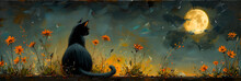 A Black Cat Is Sitting In A Field Of Flowers And The Word " Cat ",
A Painting Of A Black Cat Sitting In A Field Of

