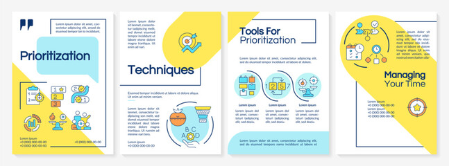 Prioritization techniques green circle brochure template. Leaflet design with linear icons. Editable 4 vector layouts for presentation, annual reports. Questrial, Lato-Regular fonts used
