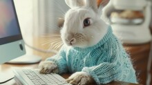 White Rabbit Using Computer At Desk. Cozy Home Environment With Pet In Sweater.