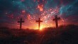 At sunrise, 3 wooden crosses with cloudy and starry skies in the background