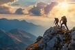 © Iftikhar alam - A Man and Woman Standing on a Snow-Covered Mountain Peak, Surrounded by Rocky Terrain, Two adventurers, one helping the other to reach the mountain crest, AI Generated