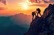 © Iftikhar alam - Two People Climbing up a Mountain at Sunset, Two friends conquering a mountain together with one helping the other, AI Generated