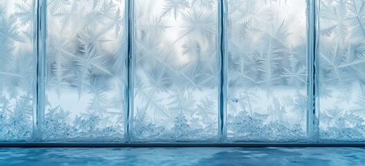 Wall Mural - Intricately formed frost patterns grace a calming blue background, creating a mesmerizing winter tableau