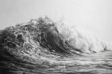 Wall Mural - A powerful black and white photograph capturing the moment a large ocean wave crashes against the shore, Ultra-realistic drawing of a cascading ocean wave, AI Generated