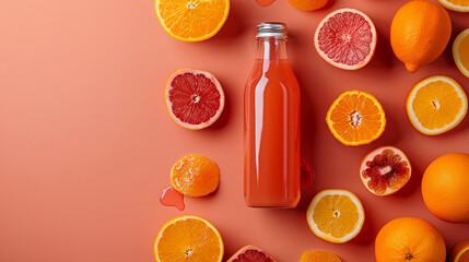 Bottle of grapefruit juice surrounded by lemons, grapefruits and plants on an orange background