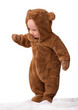 © T. Rose/peopleimages.com - Studio, baby and onesie with costume, bear and toddler with joy and fun. Child, newborn and happiness with adorable, comfort and dressed up infant for development isolated on white background