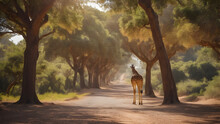 Magnificent Giraffe Grazing On A Big Tree On A Gravel Pathway