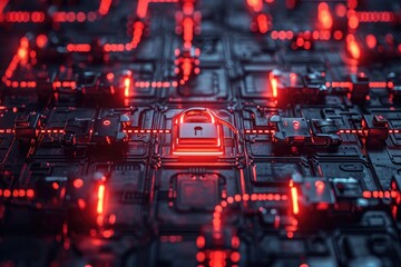 Wall Mural - A close-up photo of a padlock securely fastened on a computer circuit board illuminated by red lights, Visualisation of a strong password resisting hacking attempts, AI Generated