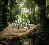 Fototapeta Panele - Hands holding growing tree with 2024 white text and coins over rill and forest in spring with sunlight shining through the trees, Happy new year 2024 business ecological concept