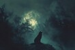 A wolf confidently perches atop a hill, basking in the glow of a full moon, Werewolf howling into the midnight sky amidst a spooky forest, AI Generated