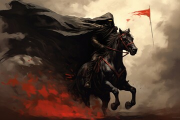 Wall Mural - cloaked man rinding a black horse waving a flag with some kind of symbol, digital art style