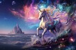 A magical unicorn with a luxurious mane gallops across the cosmic ocean against a background of stars and rainbow reflections.