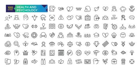 Health and Psychology line icons related to wellness, wellbeing, mental health, healthcare, medical. Outline icon collection.