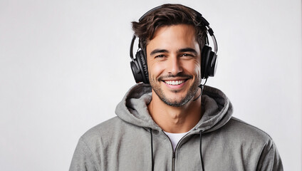 smiling man wearing hoodie, wearing headset on white background