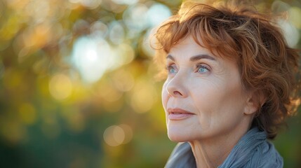 Wall Mural - Handsome mature woman with beautiful eyes looking into the distance, Portrait of a senior female person