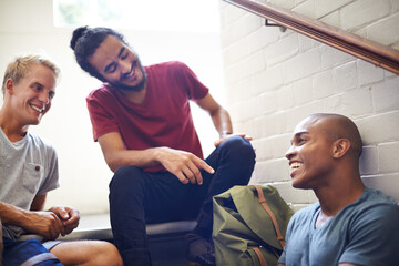 Sticker - Campus, stairs and students with smile, backpack and laughing together as friends, classmates and conversation. University, school and men in course for education with scholarship, relax and people