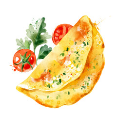 Wall Mural - Watercolor illustration omelette with vegetables. Vector isolated painting of fresh organic food breakfast