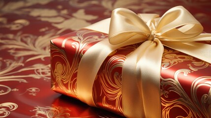 Wall Mural - Red wrapped gift box with gold bow