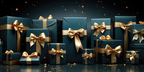 New Year's gifts are tied with a gold shiny ribbon with a bow. Christmas presents.