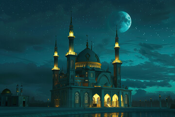 Wall Mural - mosque with moon and stars. ramadan kareem background. islamic night.