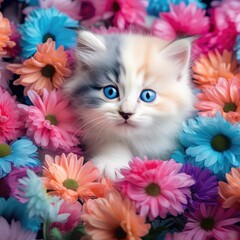  Blue-eyed Kitten Surrounded by Flowers