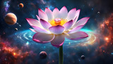 Lotus Blüte geöffnet Blume Erkenntnis weiß glänzend vor Hintergrund Universum leuchtender Sterne Galaxien Lilie Wasser Spirituelle Erkenntnis neue Erde Erwachen Achtsamkeit Erleuchtung Buddha
