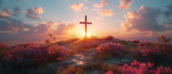 Wall Mural - An image of a cross with a robe and crown of thorns on a hill at sunset - concept of Calvary and Resurrection