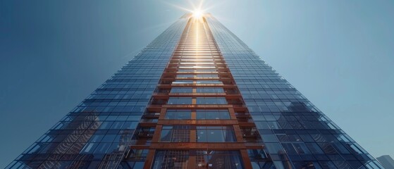 Fototapete - Three dimensional rendering of a high rise glass building with a dark steel window system on a blue clear sky background. Business concept of future architecture.