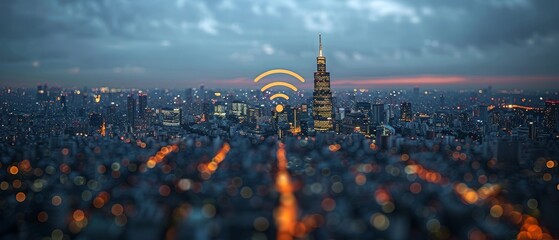 Fototapete - Wi-Fi icon, cityscape, and network connection concept, smart city