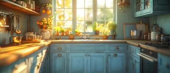 Fototapete - A blue interior with an island and white countertops. A kitchen with appliances and utensils. A kitchen working area. 3D animation. 3D illustration.
