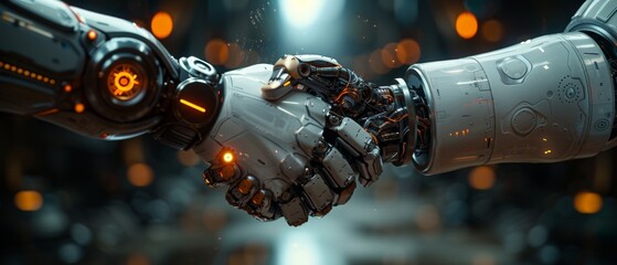 Poster - Handshake between businessperson and digital partner over futuristic background. AI and machine learning process for 4th Industrial Revolution.