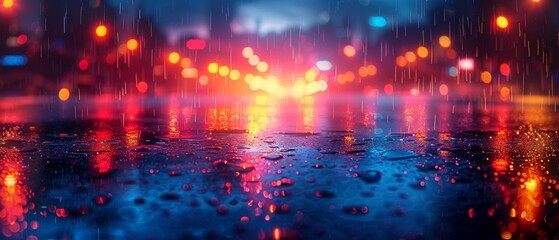 Poster - The background is blurred, with wet asphalt and a night view of the city. Inside the studio, it is very dark, with black abstract background, dark empty street.