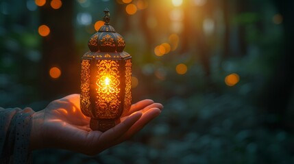 Wall Mural - An ornamental Arabic lantern with a burning candle in hand in celebration of Ramadan Kareem. This greeting card is a festive invitation to celebrate this holy month for Muslims.