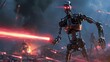 A robotic warrior unleashes energy weapons in a heated battle, exemplifying advanced warfare technology. The red eyes convey a sense of menace and intelligence. AI Generative